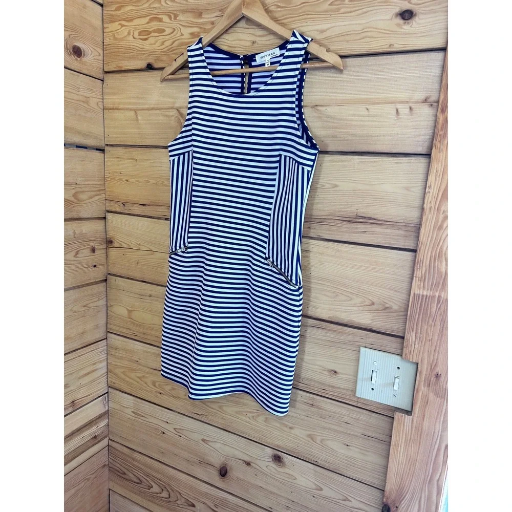 Monteau Los Angeles Navy Blue White Striped Sleeveless Shift Dress Medium - Picture 2 of 8
